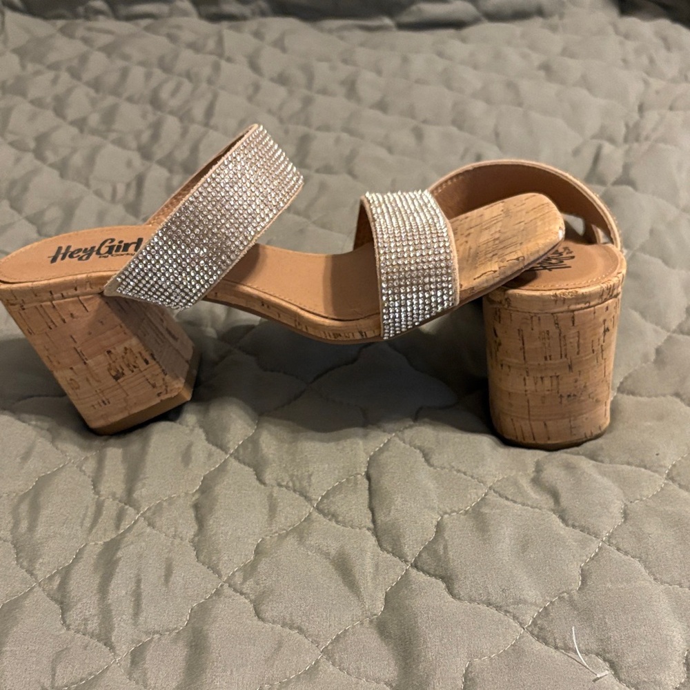 Women's Tan and Silver Block Heel Sandals